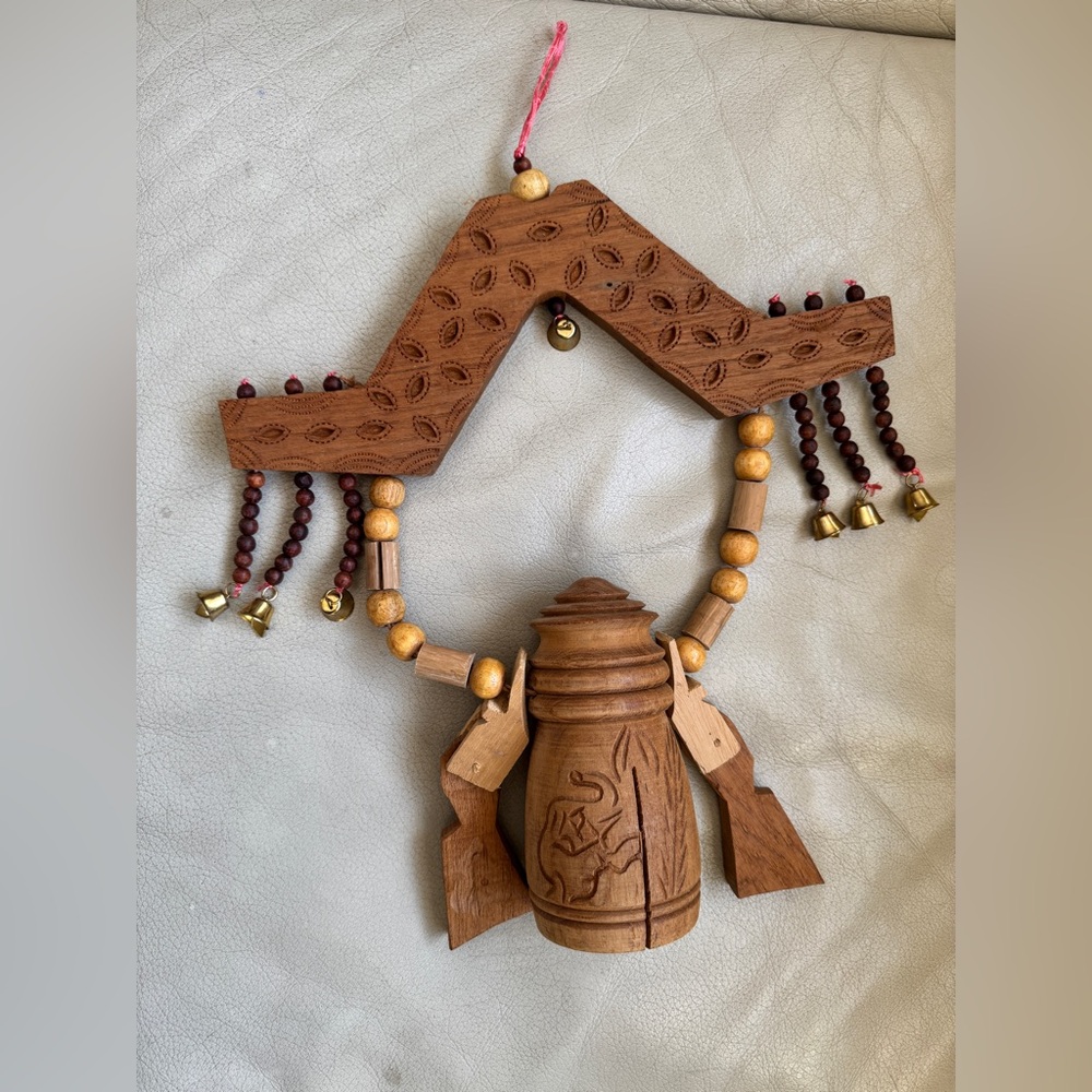 Folk Art Carved Wood Double Clapper Cow Elephant Bell Chime